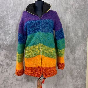 Himalayan Mountain Rainbow Jacket women's XS Handmade Nepal Wool Zip-Up *